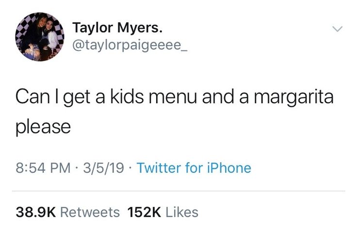 two tweets on twitter with one saying they can get a kids menu and a margarita please