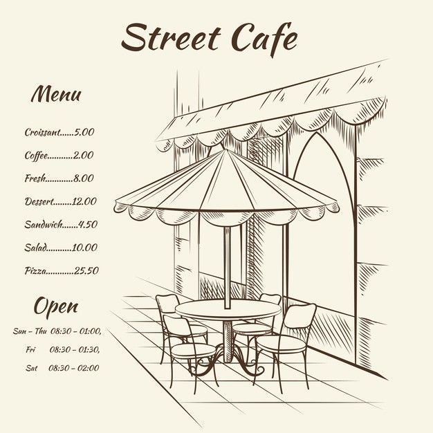 a restaurant menu with an umbrella and chairs in the background stock photo - 54978