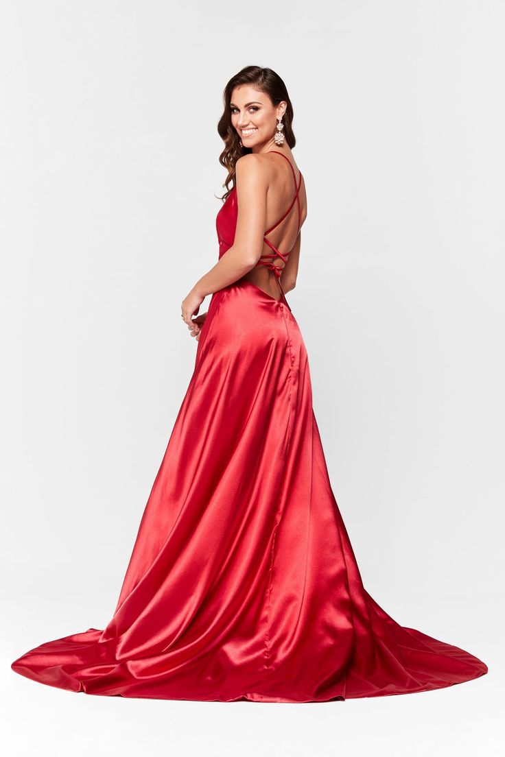 Satin V-neck Gown With Sweep Train, Formal V-neck Gown With Corset Back, Floor-length Tie Back Prom Evening Dress, Floor-length Tie Back Dress For Prom, Floor-length Tie Back Evening Dress For Prom, Floor-length Evening Dress With Tie Back For Prom, Satin Dress With Lace-up Back And Sweetheart Neckline, V-neck Evening Dress With Corset Back For Gala, Gala Satin Maxi Dress With Sweep Train