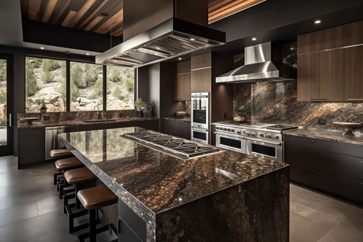 a kitchen with marble counter tops and an island in front of the stove top oven