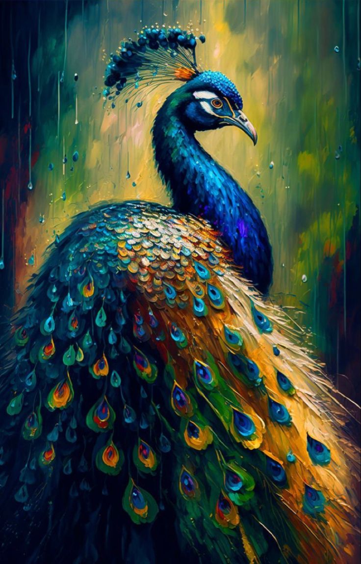 a painting of a peacock standing in the rain