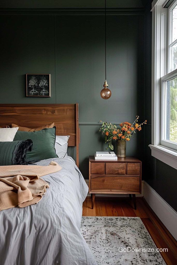 We’re moving on to darker greens for a more moody aesthetic. The wooden features here are a bit more pronounced to pop out from the deeper colors. Darker Bedroom Aesthetic, Simple Bedroom Aesthetic Ideas, Dark Green Bedroom Walls Paint, Bedroom Inspirations Master Moody, Dark Moody Mid Century Modern Bedroom, Dark Green Carpet Bedroom, Moody Scandinavian Bedroom, Moody Accent Wall Bedroom, Dark Green Master Bedrooms Decor