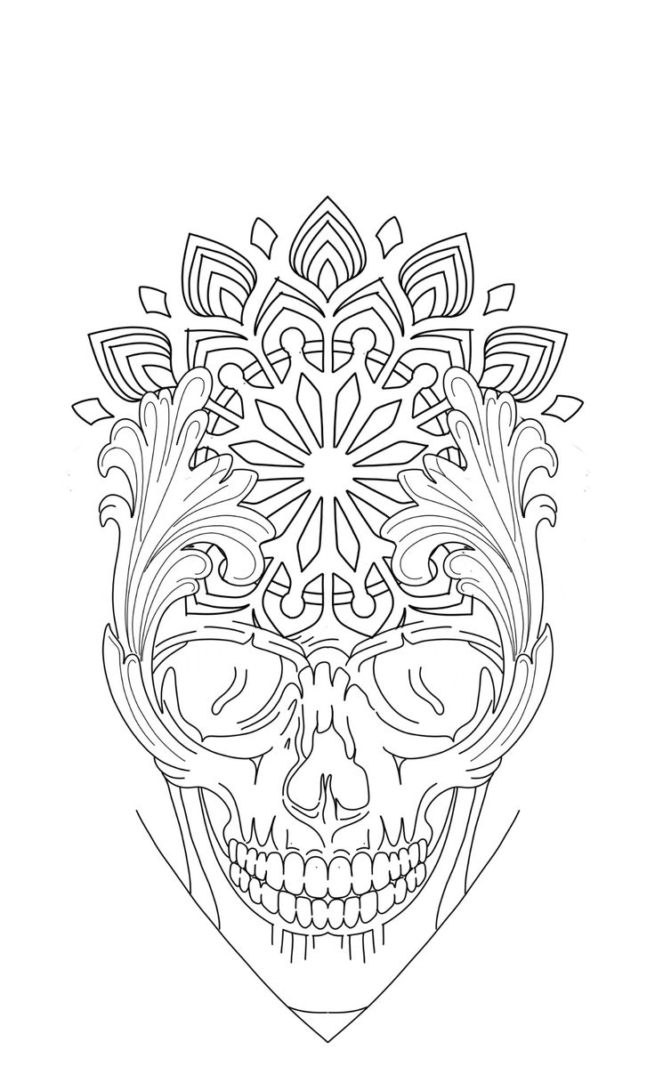 a drawing of a skull with intricate designs on it's face and head, in black and white