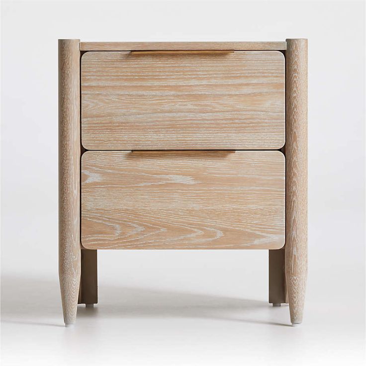 a wooden nightstand with two drawers on one side and an open drawer on the other