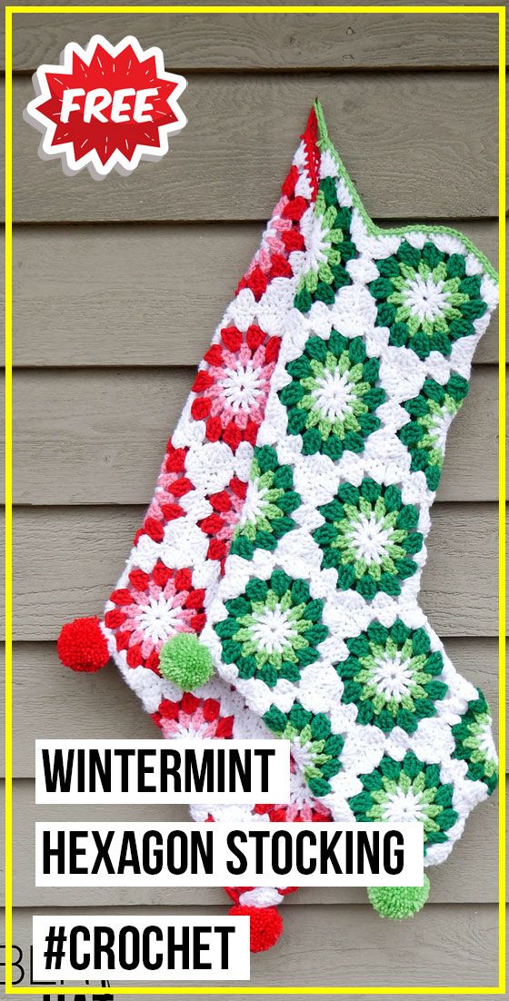 two crocheted christmas stockings sitting next to each other with the text wintertime hexagon stocking crochet