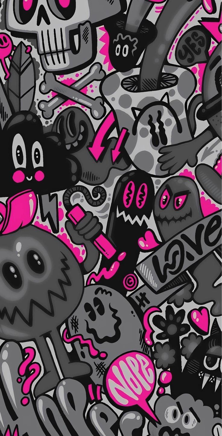 a bunch of skulls and other items on a black and white background with pink accents