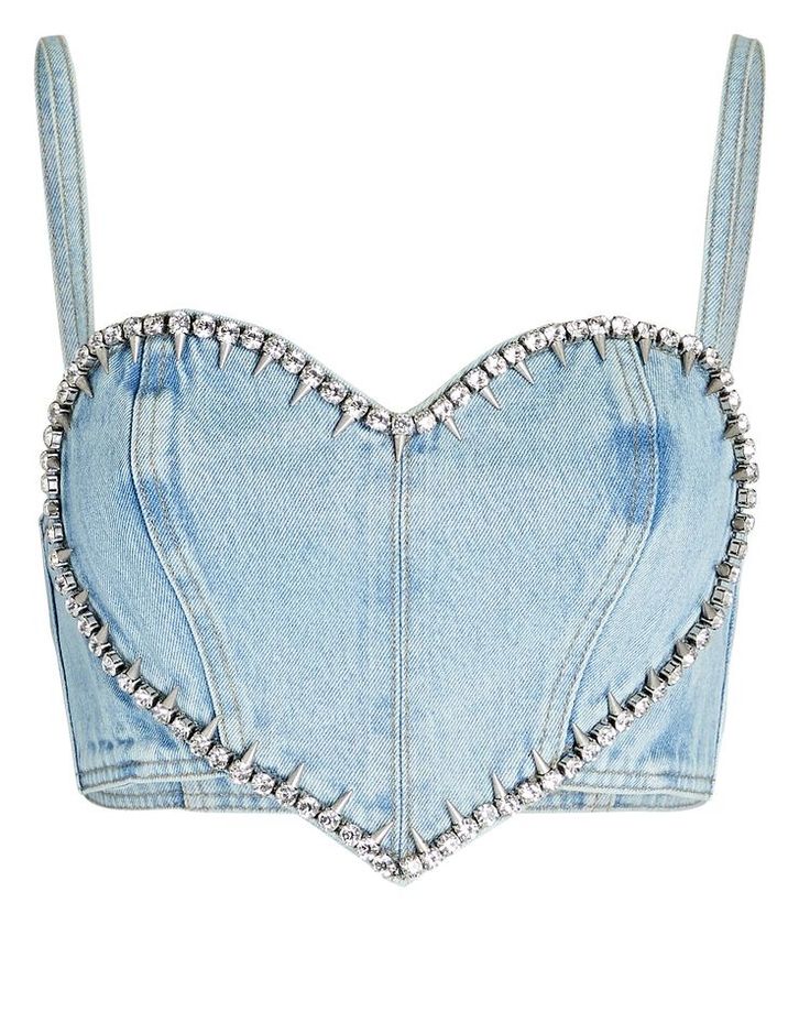 Embellished Crop Top, Denim Corset Top, Denim Crop Top, Denim Corset, Heart Top, Embellished Denim, Tank Top Designs, Performance Outfit, Stage Outfits