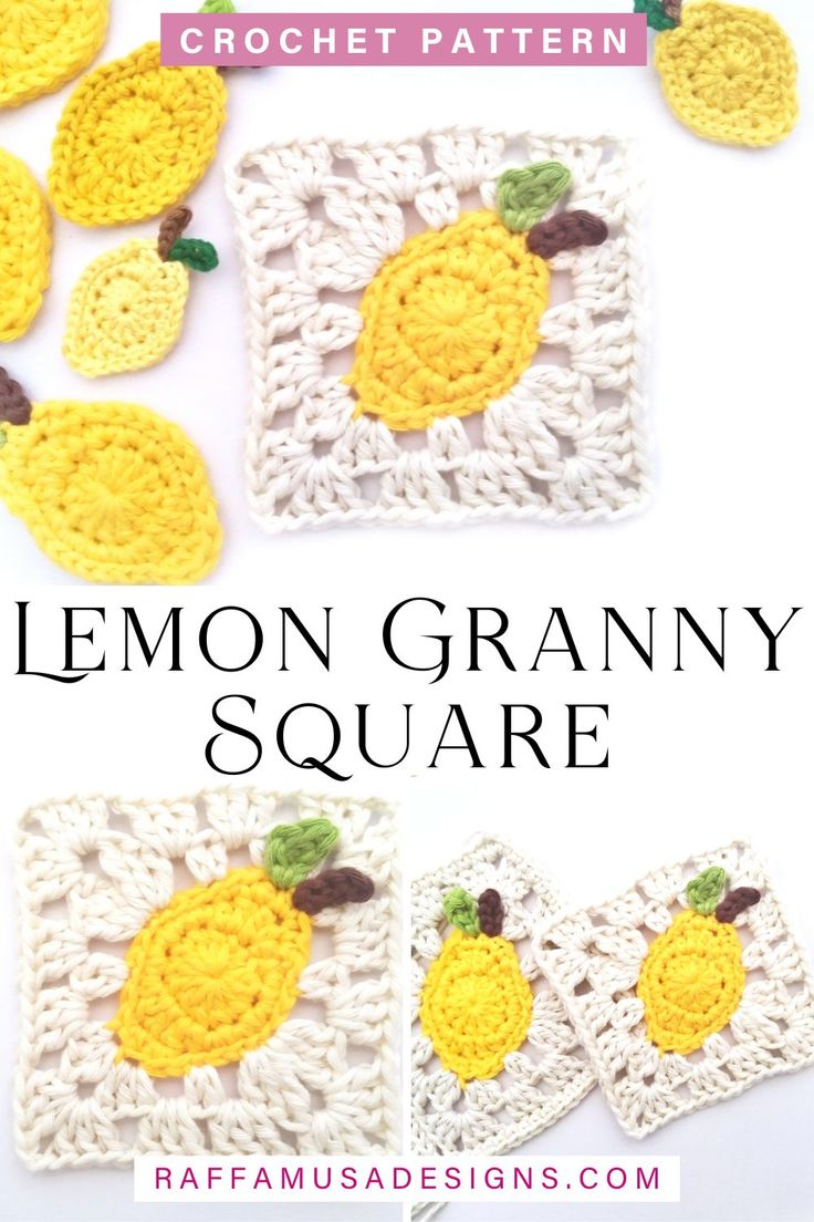 a collage of pictures showing some crochet lemon granny squares and crochet lemon appliques Lemon Granny Square Crochet Pattern, Summer Granny Square Pattern, Peach Granny Square, Cherry Granny Square Pattern, Unique Granny Square Crochet Patterns Free, Lemon Crochet Bag, Sun Granny Square Free Pattern, Lemon Granny Square Crochet, Egg Granny Square