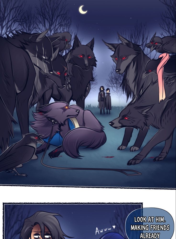 the comic strip shows an image of two people and three wolfs, one with red eyes