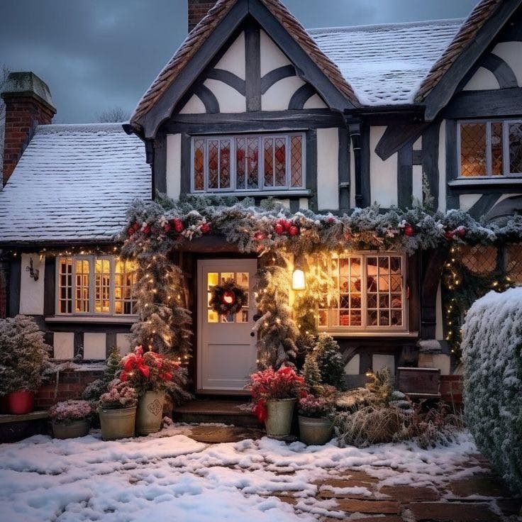 a house decorated for christmas with lights and wreaths on the front door, surrounded by snow