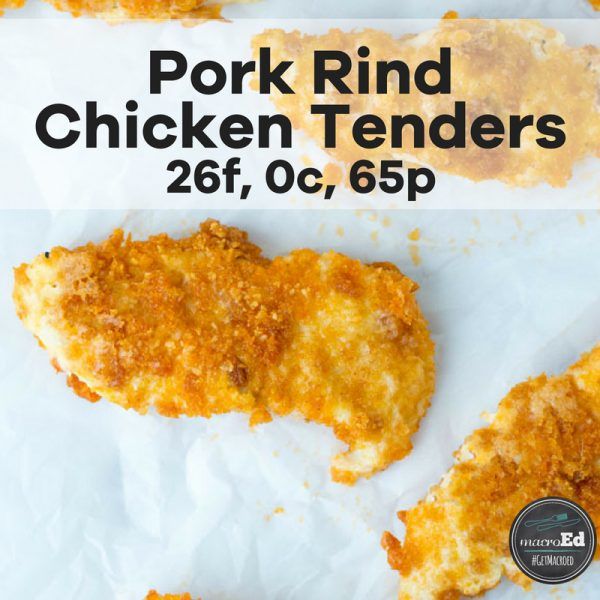 chicken tenders on parchment paper with text overlay that reads pork rind chicken tenders