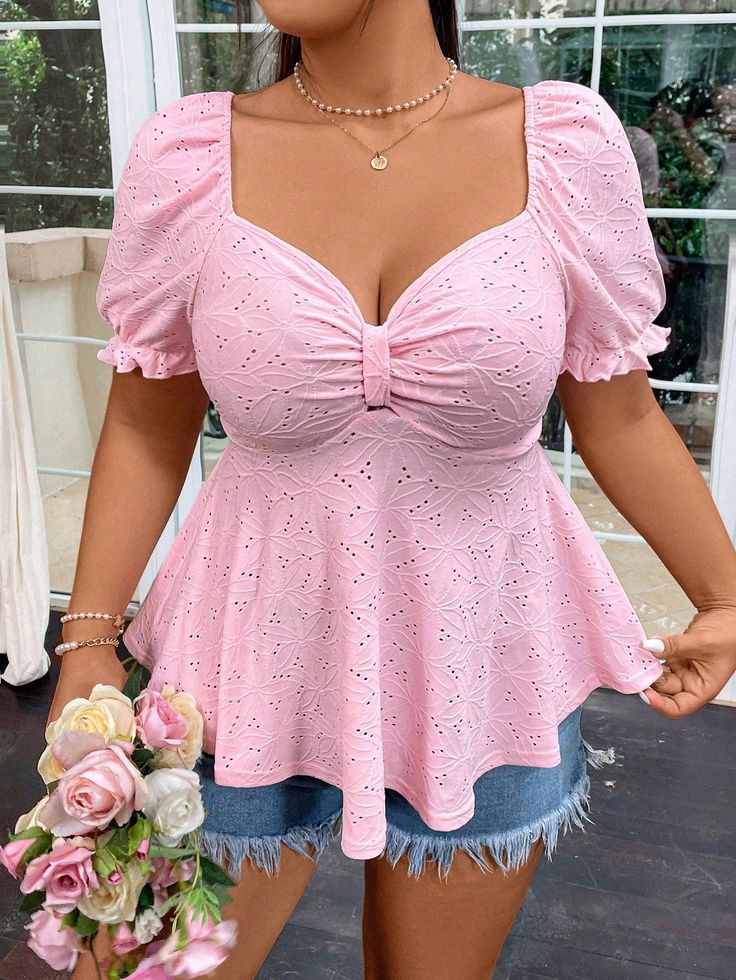 Plus Size Sweet And Cute Short-Sleeved Jacquard T-Shirt With Henley Neckline Pink Casual  Short Sleeve Knitted Fabric Plain  High Stretch  Women Plus Clothing, size features are:Bust: ,Length: ,Sleeve Length: Blusas Coquette, Coquette Plus Size, Cute Pink Clothes, Shirts Coquette, Coquette Winter, Summer Fashion Inspiration, Clothes Plus Size, Pink Clothes, Sleeves Ideas