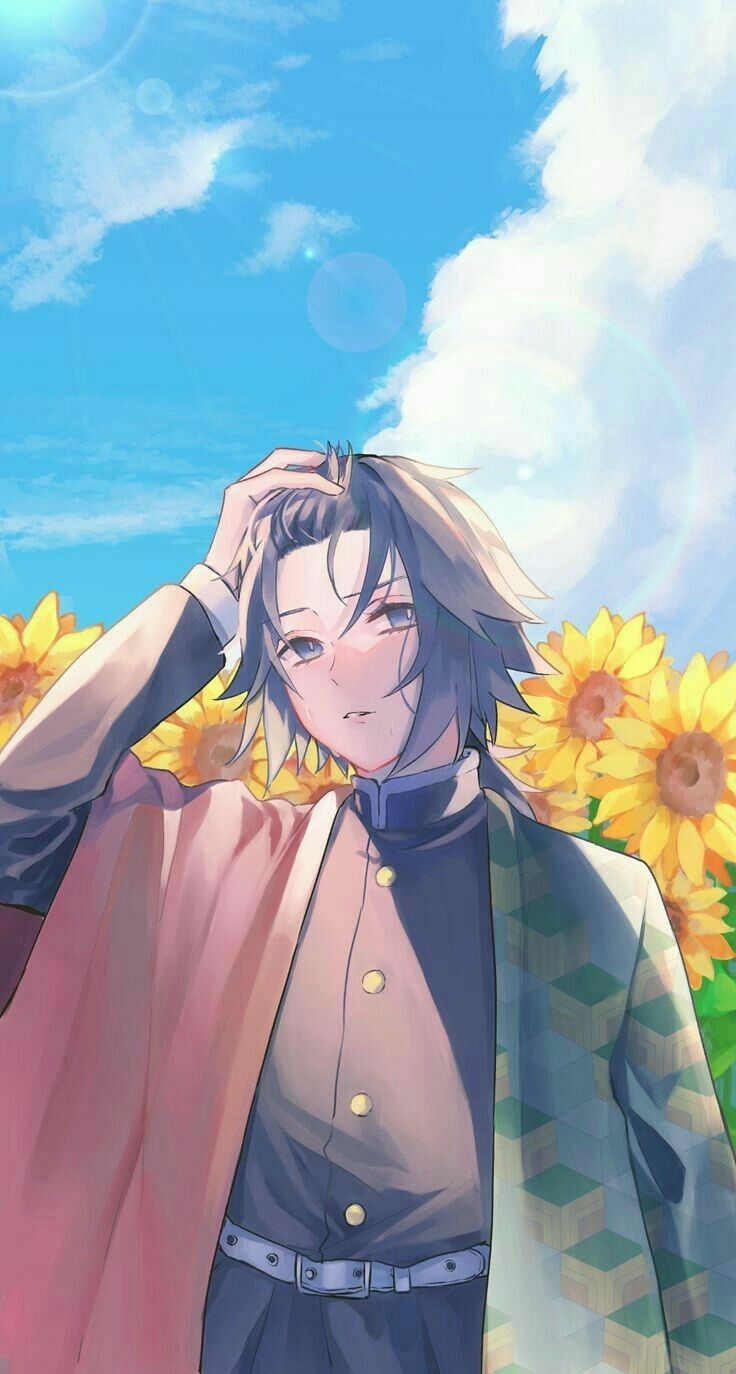 an anime character standing in front of sunflowers with his hand on his head