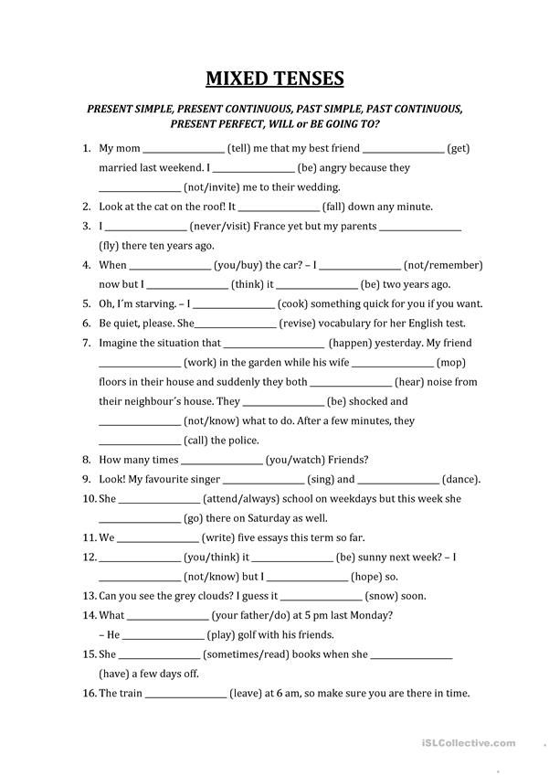 a printable worksheet for mixed tenses with the words and phrases below