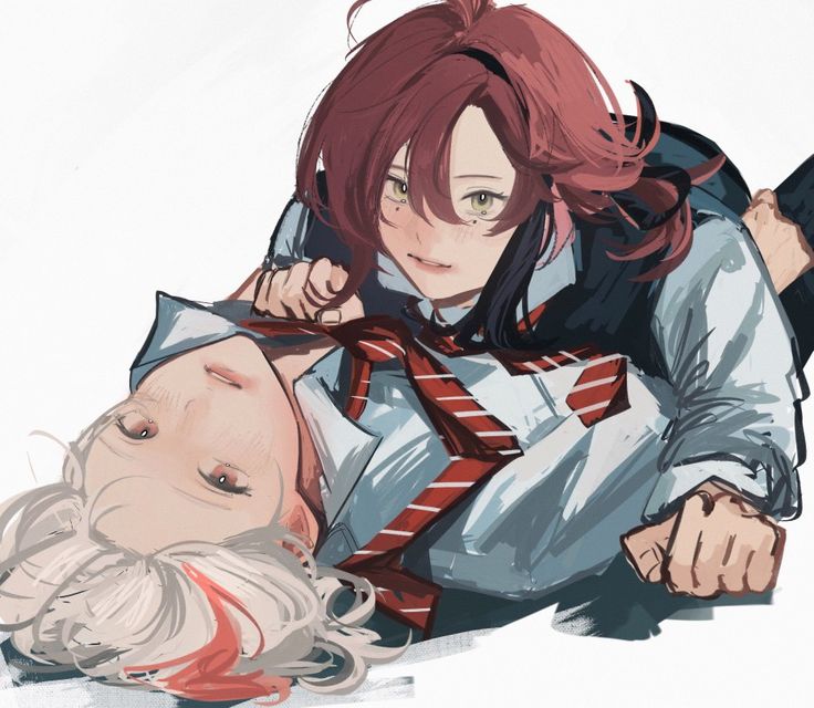 an anime character laying on the ground next to another character with red hair and glasses