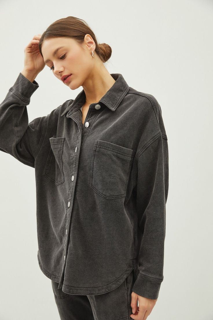 Experience total comfort and effortless style with our Super Soft Denim Look Shacket. Made with ultra soft and stretchy material, this denim shirt jacket features a collared neckline, front button closure, and oversized fit for a relaxed look. Complete with chest pockets and a rounded hemline, this below the hip length shacket is the perfect addition to your comfortable and casual wardrobe. Elevate your wardrobe with our luxurious shacket today. Oversized Shacket, Denim Shirt Jacket, Faux Leather Vest, Leather Sleeve, Leather Vest, Skirt Leggings, Mid Rise Jeans, Basic Tees, Short Sleeve Blouse