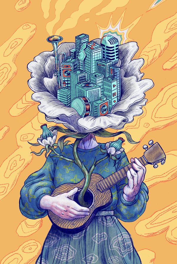 a drawing of a person with a guitar in front of an image of a city