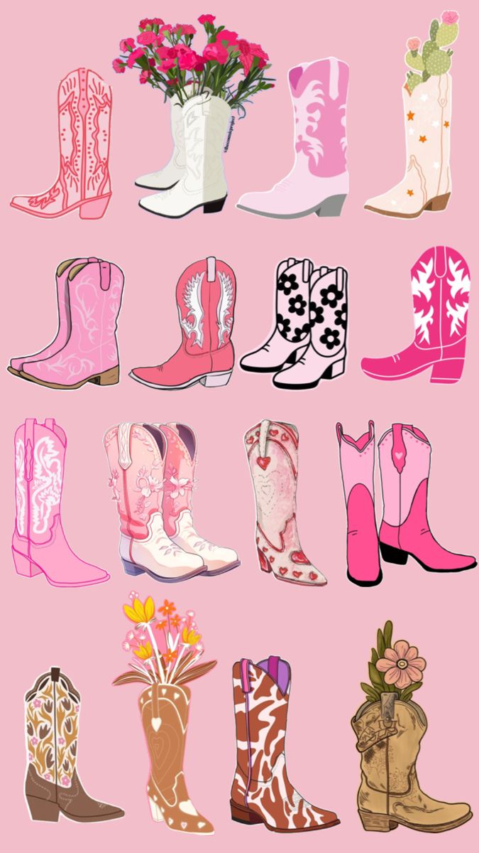 an image of cowboy boots with flowers in them on a pink background by corbe