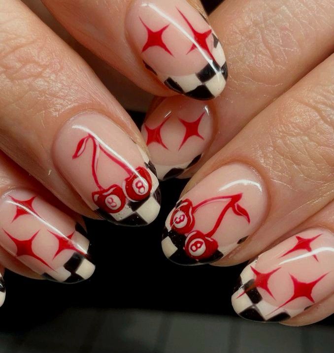 8 Ball Nail Art, Short Alt Nails, F1 Nail Art, Clown Nail Art, F1 Nails, Alt Nails, Vegas Nails, Edgy Nails, Pretty Gel Nails