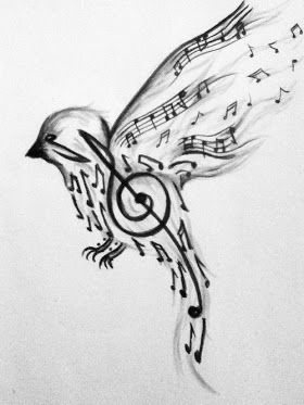 a drawing of a bird with musical notes on it's wings