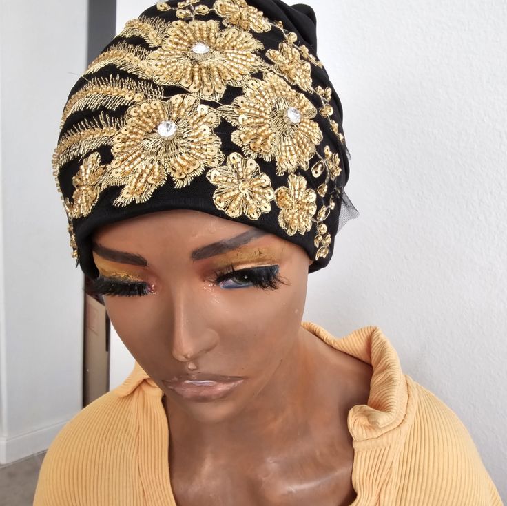 Beautiful Gold And Black Turban Trendy Black Turban One Size Fits Most, Trendy Black Headwrap One Size Fits Most, Trendy Adjustable Headwrap For Parties, One Size Black Headwrap For Party, Trendy Black Headscarf For Spring, Spring Party Headwrap One Size, Fitted Black Headwrap For Parties, Trendy Black Headscarf In Headband Style, Black Headband Turban For Party