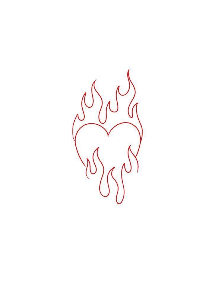 a drawing of a heart with flames coming out of it's center, on a white background