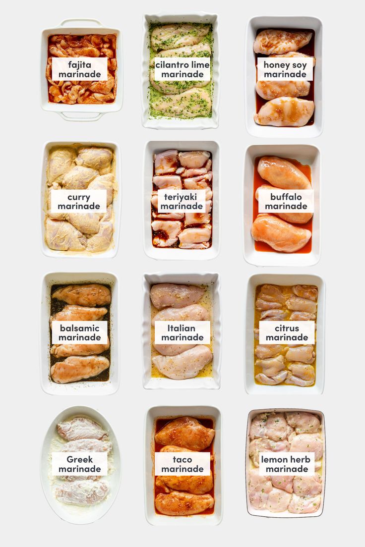 several containers filled with different types of meats and seasonings in each container, all labeled