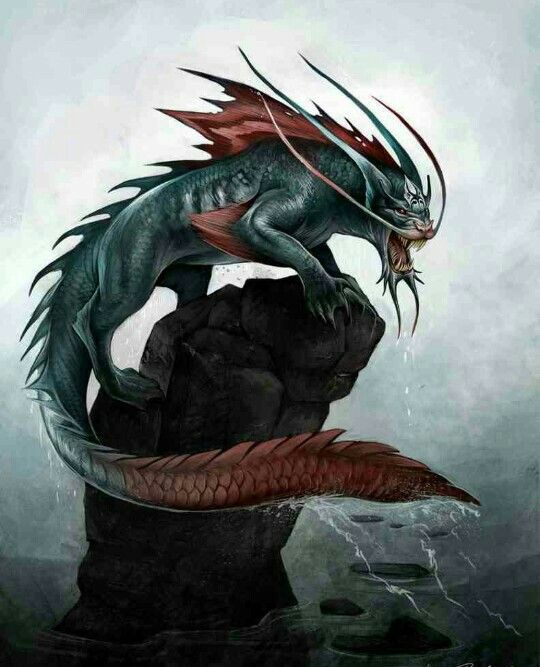 a black and red dragon sitting on top of a rock in the water with it's mouth open