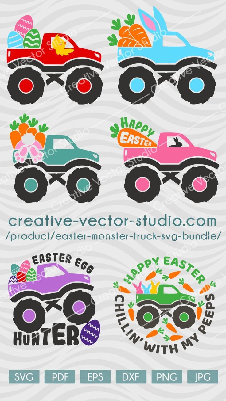 four monster trucks with easter eggs on them and happy easter lettering in the middle,