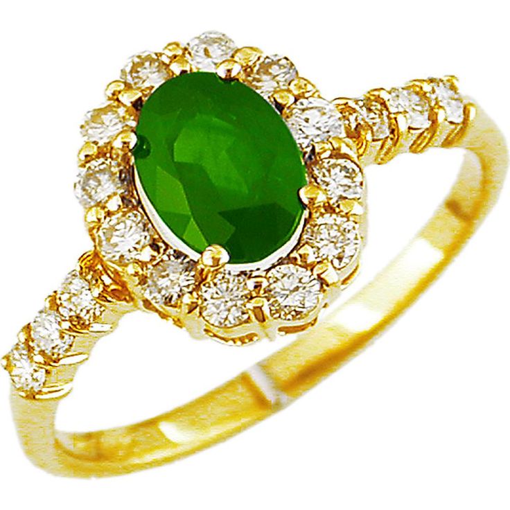 Royal 14K Yellow Gold Ring with Oval-Cut Emerald - 0.85 Carat and Round Diamonds - 0.47 Carat Total Diamond Weight Radiant Ring, Diamond Birthstone, Emerald Diamond Ring, Rich Green, Oval Rings, Royal Jewelry, Emerald Stone, Yellow Gold Ring, Emerald Diamond