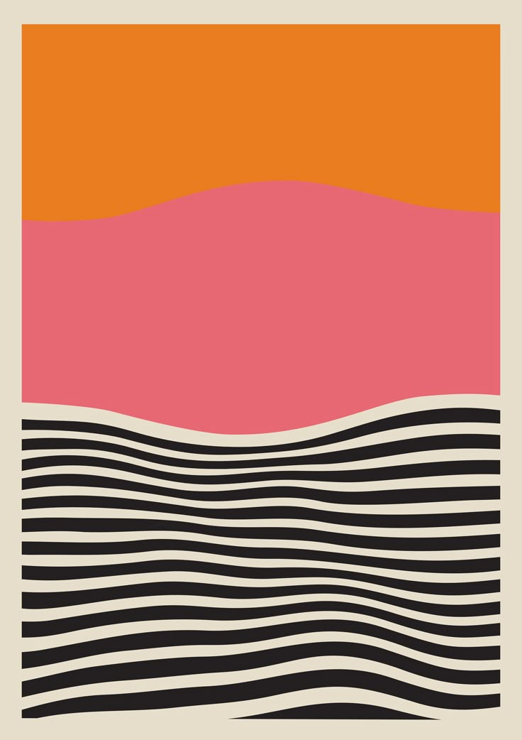 an orange, pink and black abstract painting with wavy lines on the bottom half of it