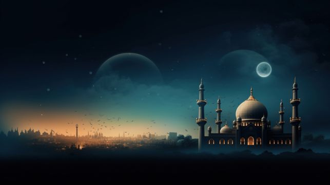 an image of a mosque at night with the moon in the sky