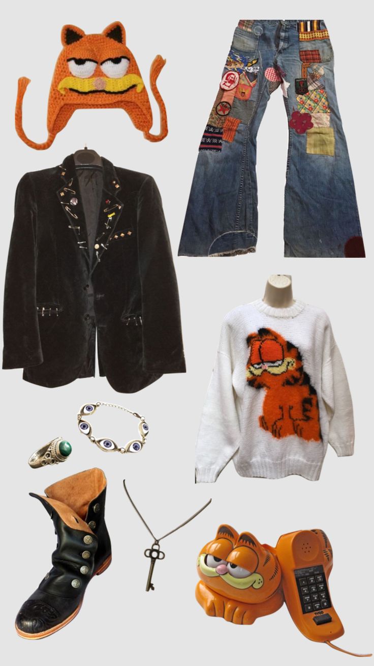 Funky 80s Outfits, Garfield Outfit Ideas, Funky Core Outfits, Garfield Inspired Outfit, Punk Outfits Ideas, Funky Button Up Shirt Outfit, Silly Outfit Ideas, Punk Clothing Aesthetic, Funky Clothing Style