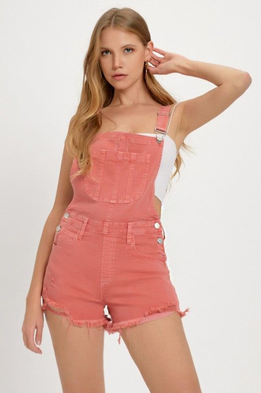 Distressed overall shorts. Contains stretch. NOTE: If your size is not available, please register your email in EMAIL ME WHEN AVAILABLE link. Spring Shortalls With Suspenders, Spring Cutoff Shortalls With Pockets, Cutoff Shortalls With Pockets For Spring, Trendy Spring Shortalls With Adjustable Straps, Fitted Shortalls For Summer, Fitted Summer Shortalls, Spring Shortalls With Pockets, Trendy Cutoff Shortalls For Spring, Trendy Spring Shortalls With Suspenders