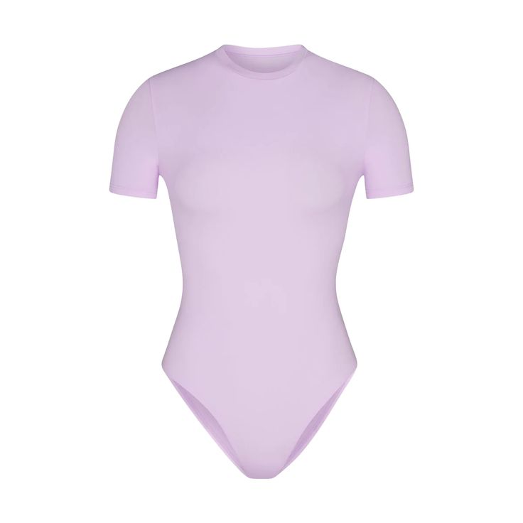 Fits Everybody T-Shirt Bodysuit - Sugar Plum | SKIMS Shirt Bodysuit, Plus Size Fits, Sugar Plum, Short Sleeve Bodysuit, Personal Marketing, Crew Neckline, Soft Fabric, Cool Shirts, Soft Fabrics