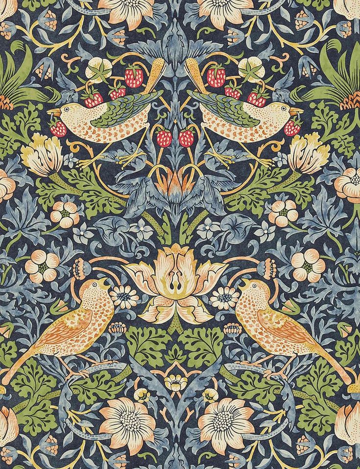 an intricately designed wallpaper with birds and flowers