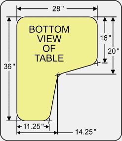 the bottom view of a table with measurements for each side, and an arrow pointing up to