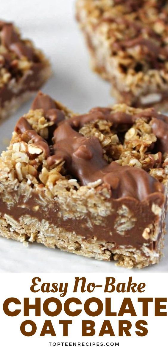 easy no - bake chocolate oat bars on a white plate with text overlay