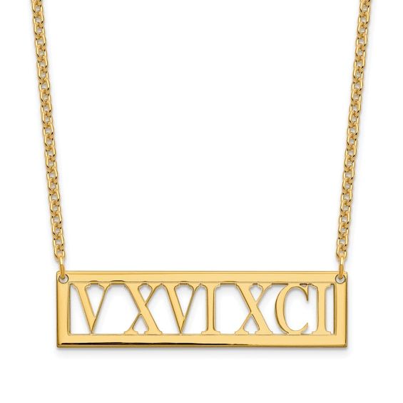 Keep your birthdate or your lucky number on display with this Roman numeral bar necklace. Made from yellow gold plated sterling silver, this 18-inch cable chain necklace holds a bar that may be personalized with your choice of maximum 9 numbers in Times New Roman Bold font. Easy to use lobster clasp offers worry-free movement. Jared The Galleria Of Jewelry, Times New Roman, Free Movement, Cable Chain Necklace, Bold Fonts, Lucky Number, Loose Stones, Roman Numeral, Precious Jewelry