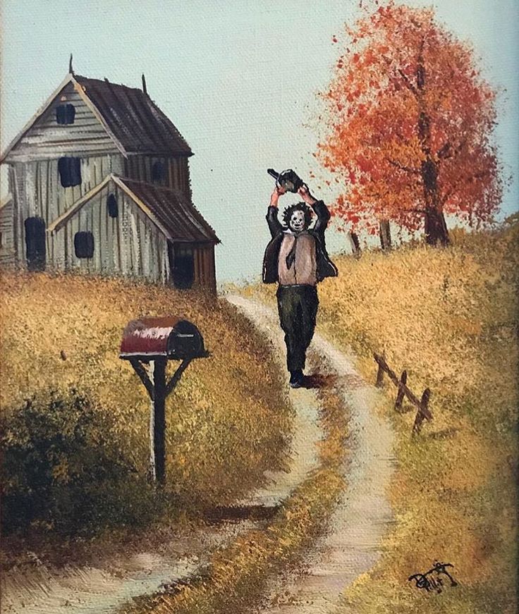 a painting of a man walking down a country road with a dog on his shoulder