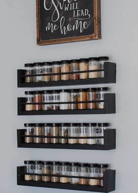 three shelves with spices and spice jars on them in front of a chalkboard sign that says, you will lead me home