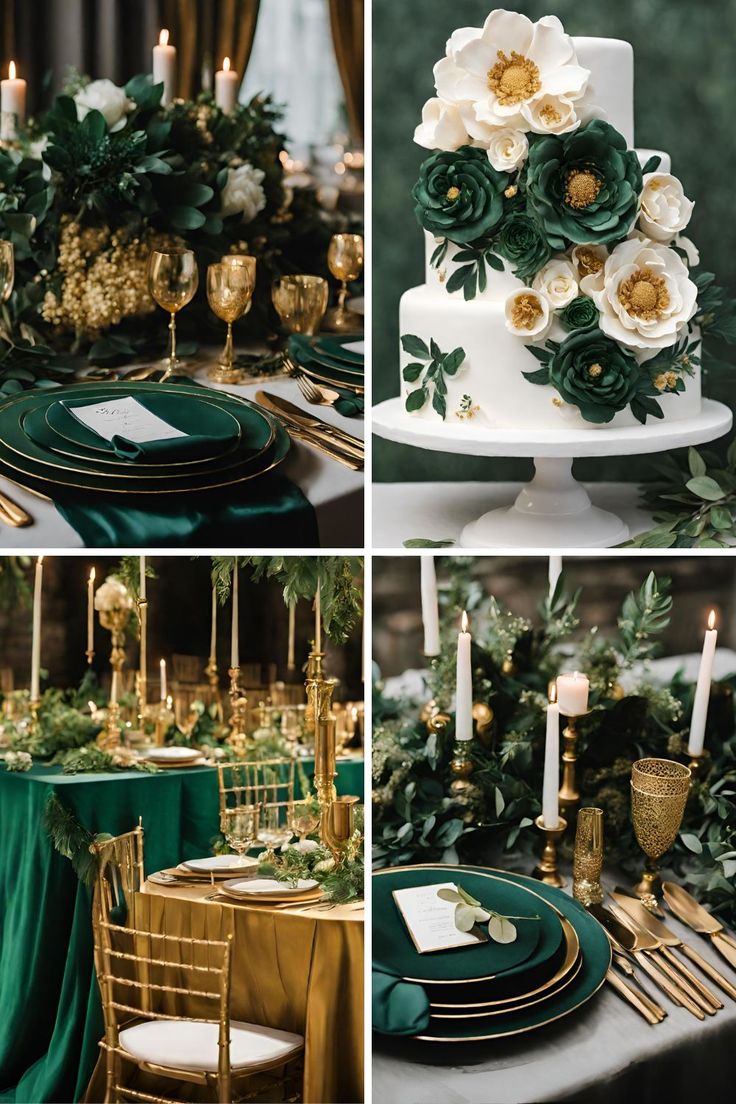 a collage of photos with green and gold wedding decor, flowers, candles and plates