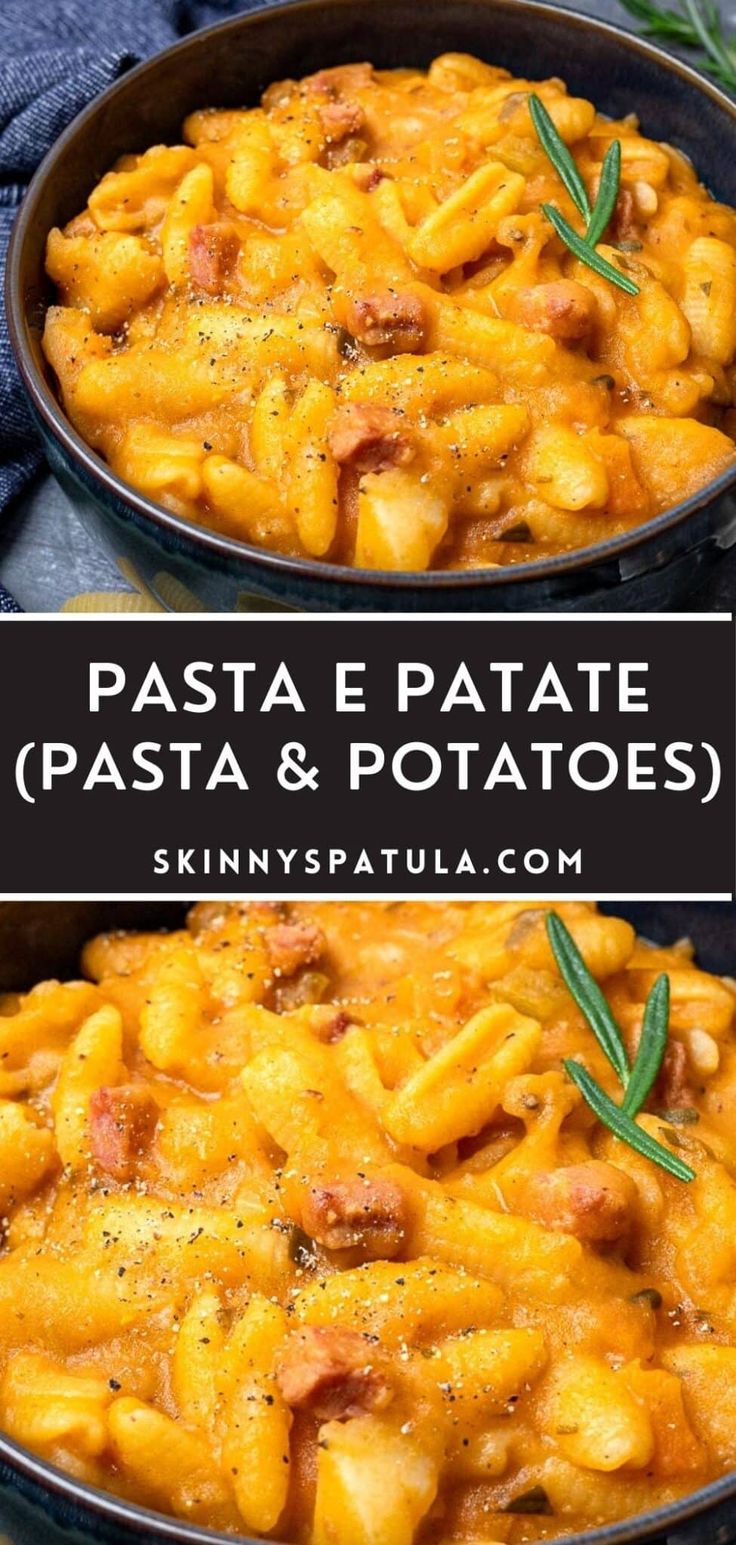 two bowls filled with pasta and potatoes