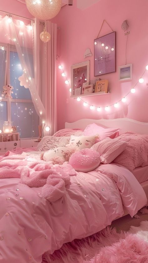 a bedroom decorated in pink and white with fairy lights