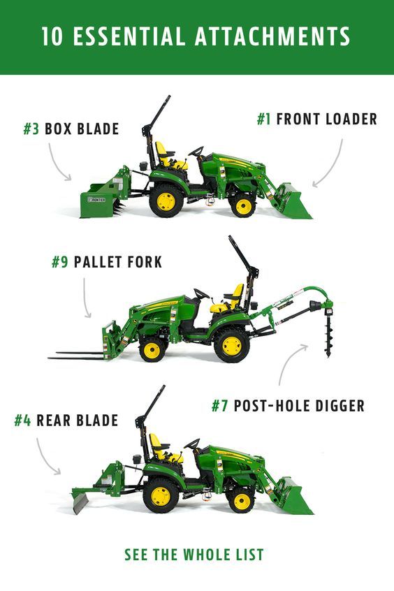 four different types of tractors with the words 10 essential attachments