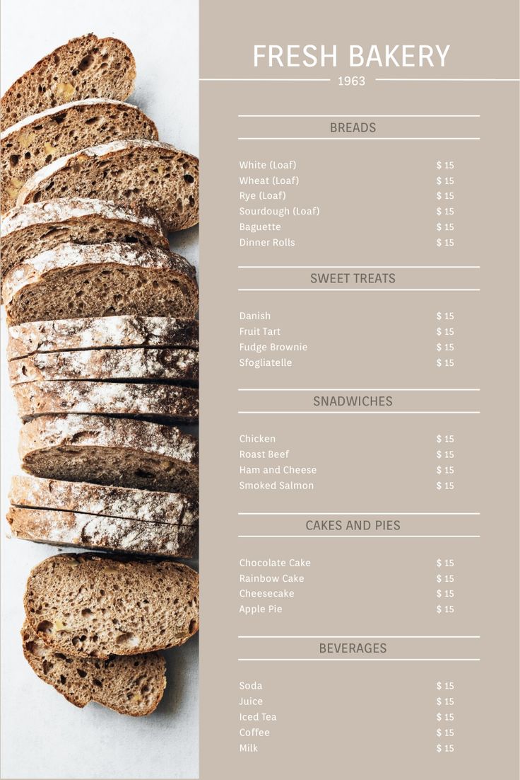 a menu for fresh bakery with bread on it