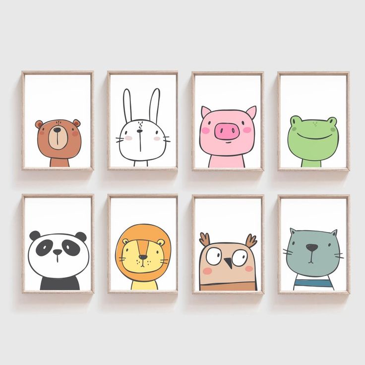 four different animals are on the wall next to each other, with one animal's face