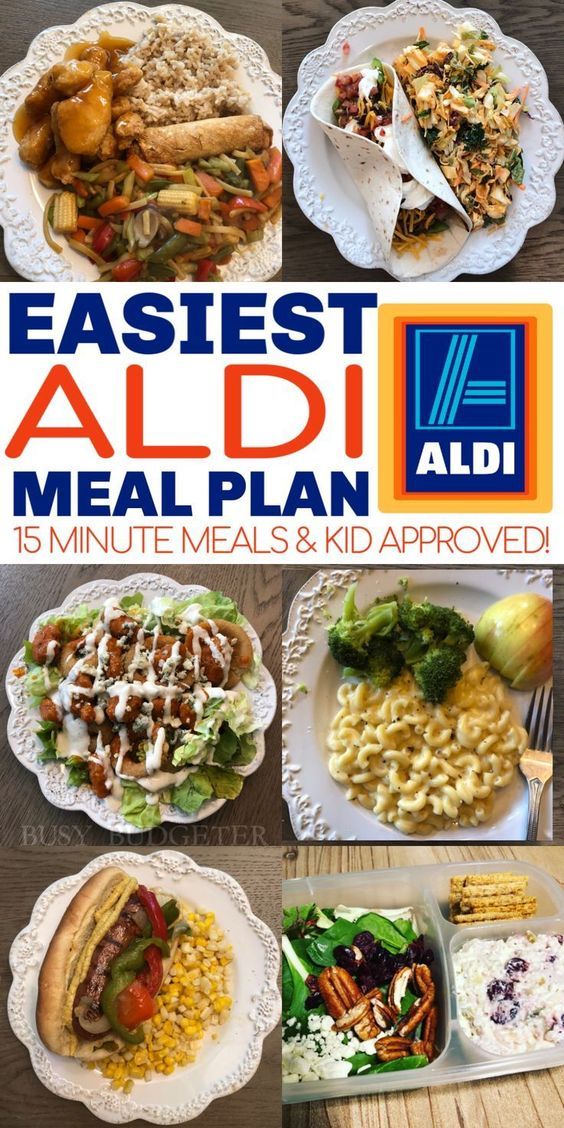 an ad for the aldi meal plan with pictures of different foods and drinks on it