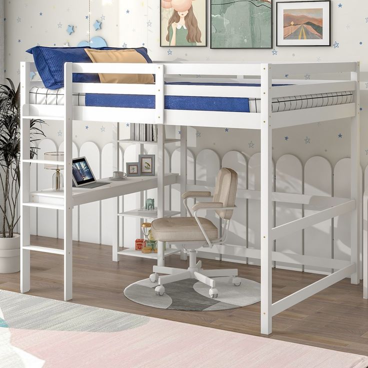 a white loft bed with desk underneath it and pictures on the wall behind it in a bedroom