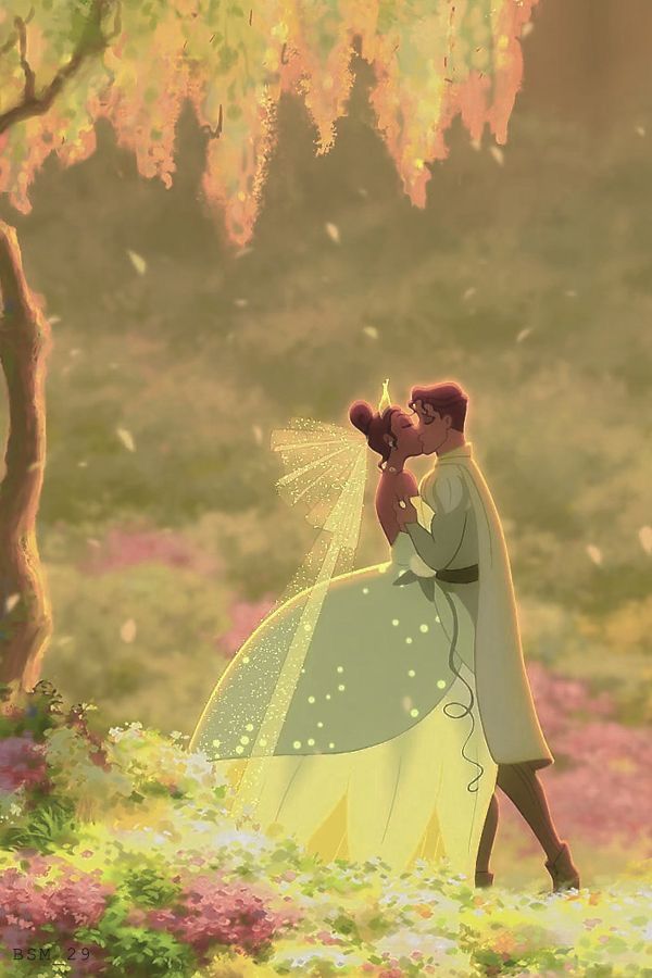 the princess and the frog kissing under a tree